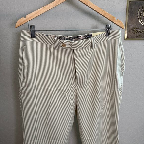 Men's Lauren Ralph Lauren Tan White Striped Seersucker‎ Dress Pants 33 x 32 NEW - Picture 3 of 11